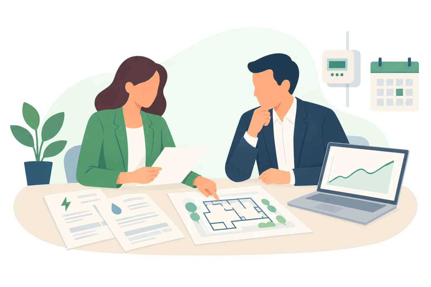 Préparation d’un audit AMUREBA : examen des factures, plans et consommations de l’entreprise avec un auditeur.