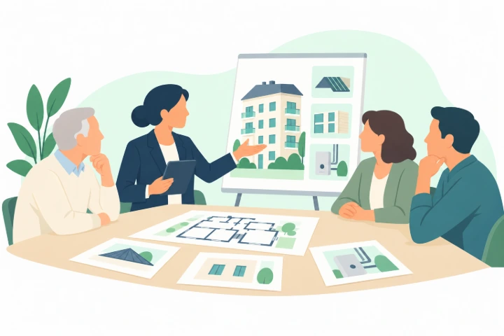 Une auditrice présente des scénarios de rénovation aux copropriétaires.